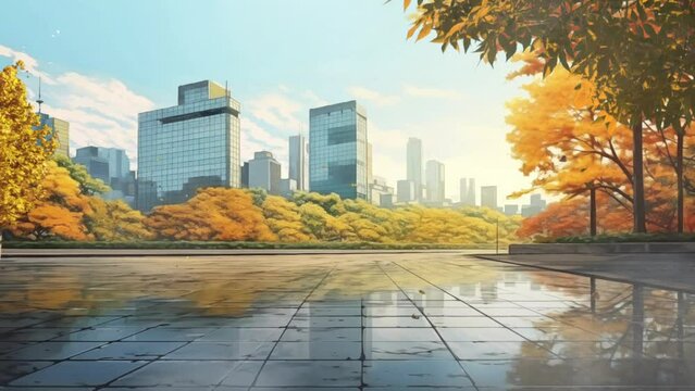 Buildings in modern city with autumn leaves. Golden leaves in front of high-rise corporate office buildings with Empty cement floor with lake garden and modern city skyline in background