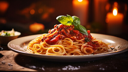 a classic Italian pasta dish, with al dente spaghetti, rich tomato sauce