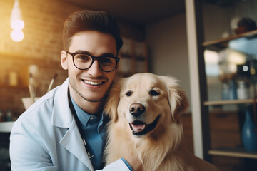 Young  veterinarian petting a funny dog. Concept of modern veterinary clinic.