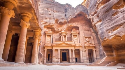 Petra Jordan marvel at the ancient rock cut architecture. AI generated - obrazy, fototapety, plakaty