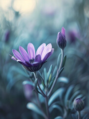 a purple flower is displayed on a blurry background