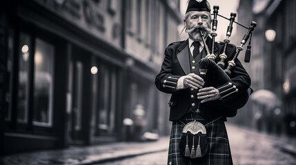 A man in a Scottish kilt playing bagpipes on a monochrome street.