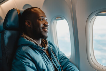 smile man in turquoise jacket sitting in seat in airplane and looking out window