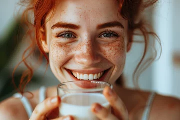 Poster young woman drinking milk, soy or oat milk © Karat