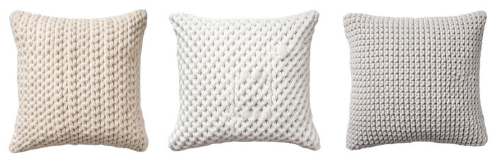 Set of square knitted pillow top view on transparent background