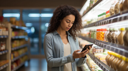 Closeup young woman using cell phone in the supermarket