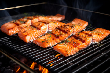 Tasty roasted salmon steak cooking over the grill with flames