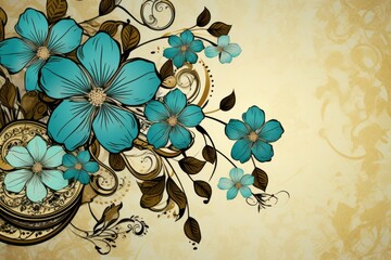 turquoise and yellow blooming flower pattern background. design. decorative filigree ornament plant illustration.