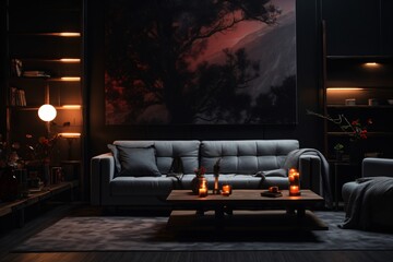 Beautiful and dark living room with elegant lamp