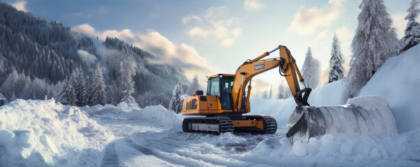 Modern excavator on winter road. snow remove from the road with an excavator heavy machine. - obrazy, fototapety, plakaty
