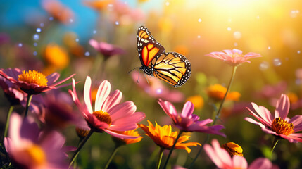 colorful cosmos flower and butterfly