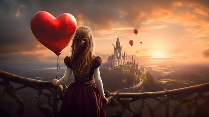 Little Girl Princess Looking Out Her Castle Bedroom With Heart Balloon Dreaming Of Life With Common People.  (Generative AI).