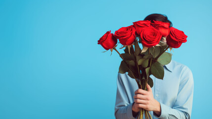 Closeup man hand holding bouquet of red rose on isolated background with space for copy