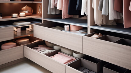 Closeup view of open closet drawers with folded clothes and other accessories
