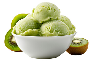 Green kiwi sorbet ice cream balls in a white bawl on isolated transparent background, front view - obrazy, fototapety, plakaty
