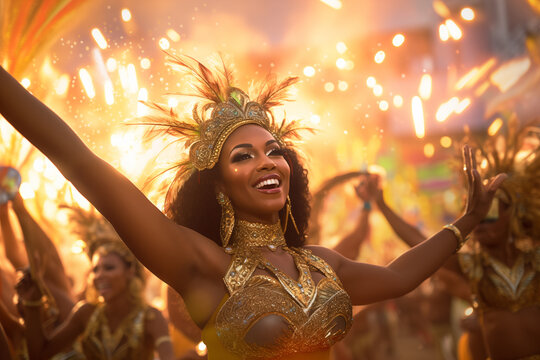 Carnival. Black latina woman dancing in carnival parade, with lights, confetti and other dancers in the background.