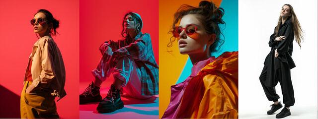Four models against vibrant backgrounds, each sporting a unique outfit and pair of sunglasses, with poses ranging from standing to squatting.