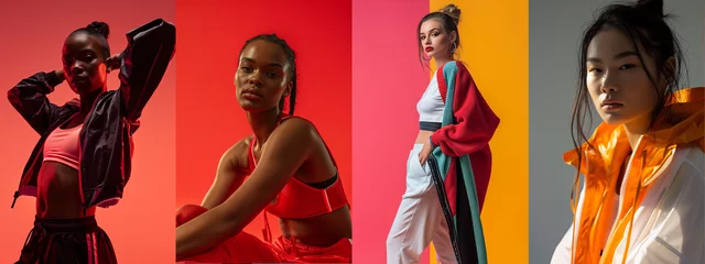 Zelfklevend Fotobehang Stylish Athletic Wear Showcased by Diverse Models with Confident Attitudes. © Molibdenis-Studio