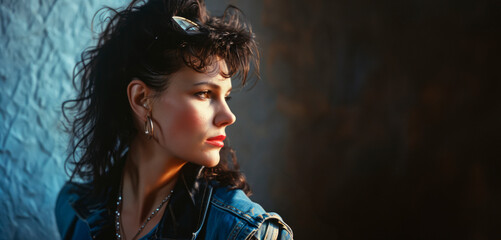 Retro Revival: A studio portrait capturing the essence of the 80s with a female sporting a bold mullet, showcasing the trendy and edgy fashion of that nostalgic era.

 - obrazy, fototapety, plakaty