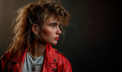 Retro Revival: A studio portrait capturing the essence of the 80s with a female sporting a bold mullet, showcasing the trendy and edgy fashion of that nostalgic era.

