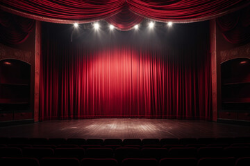 Dramatic Theater Stage with Red Curtains Under Spotlight - obrazy, fototapety, plakaty
