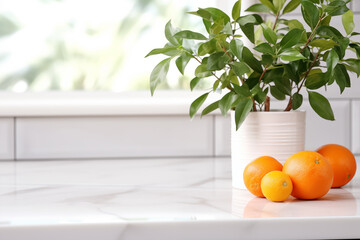 Stylish white quartz countertop with potted plant and oranges. Modern minimalistic kitchen interior details. Generative AI