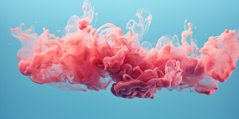 Coral fluffy pastel ink smoke on a blue background. Generated by artificial intelligence. - obrazy, fototapety, plakaty