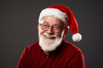 Naklejka premium elderly man smile in red Christmas santa hat, isolated on plain background