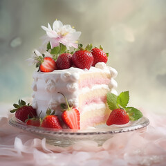 Creamy cake with fresh strawberries on a dreamy backdrop. Generative ai.