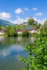 Fototapeta na wymiar Schloss (Castle) Werdenberg and Lake near the village of Buchs, Switzerland