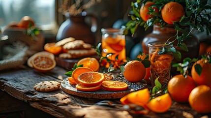 Obraz na płótnie Canvas Table Orange Cookies Fruits Snacks Setting, Background HD, Illustrations