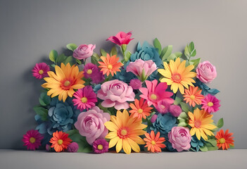 Colorful paper flowers arranged in a creative bouquet on a grey background.