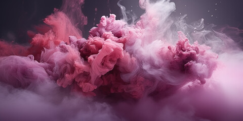 Fototapeta na wymiar Pink-purple fluffy pastel ink smoke on a dark background. Generated by artificial intelligence.