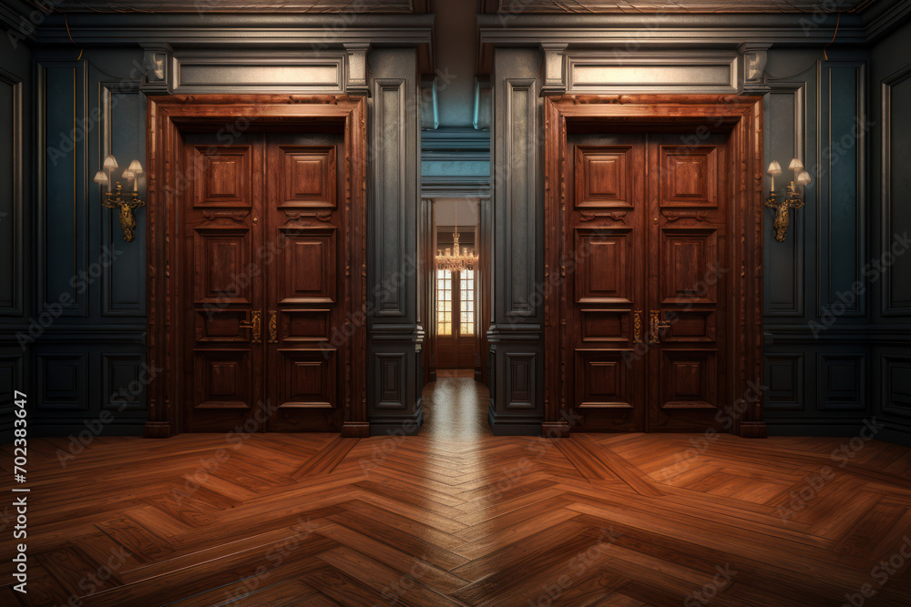 Poster a surreal scene of a door leading to another door, forming a paradoxical loop that questions the tra