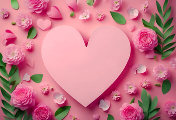 Fototapeta na wymiar Pink heart with floral decorations on a pastel background, ideal for Valentine's Day or romantic themes.