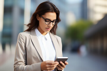 Young businesswoman in glasses using smartphone in urban setting