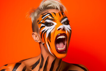 A lady's visage vibrantly painted as a tiger against an electrifying orange backdrop.