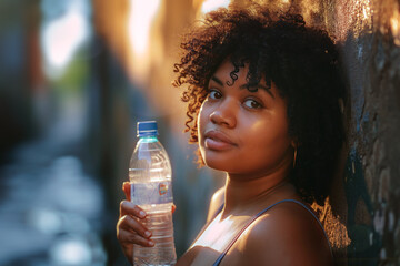 Farbige Frau mit Wasserflasche an Wand