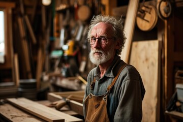 Master of Woodcraft: A Portrait of a Mature Male Artisan in His Carpentry Workshop, Showcasing the Artistry of Carpentry Work in the Background.	
