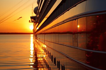 Obraz premium A close-up of a cruise ship at sunset, with the reflection of the sun on the water