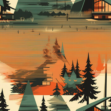 Wall paintings and abstract patterns of stylized houses and pine forests, Created ai generated.