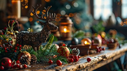 Wooden Reindeer Christmas Balls Gift Boxes, Background HD, Illustrations - obrazy, fototapety, plakaty