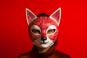 A woman wearing a fox mask against a vivid red background.