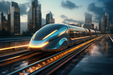 A high-speed train whizzing through a futuristic cityscape, showcasing the efficiency of modern transportation systems. Concept of urban mobility. Generative Ai.