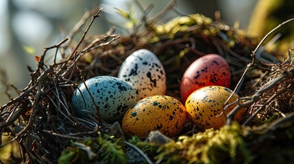 Obraz premium Yellow Easter Egg Nest Colorful Eggs, Background HD, Illustrations