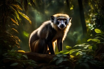 Amidst the dense foliage of an untouched wilderness, a Wolf's Mona Monkey strikes a pose, its fur radiant in the soft