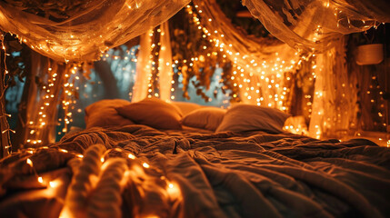 Sleeping in a Canopy of Lights:  A bed surrounded by a canopy of fairy lights, creating a magical and enchanting sleep environment