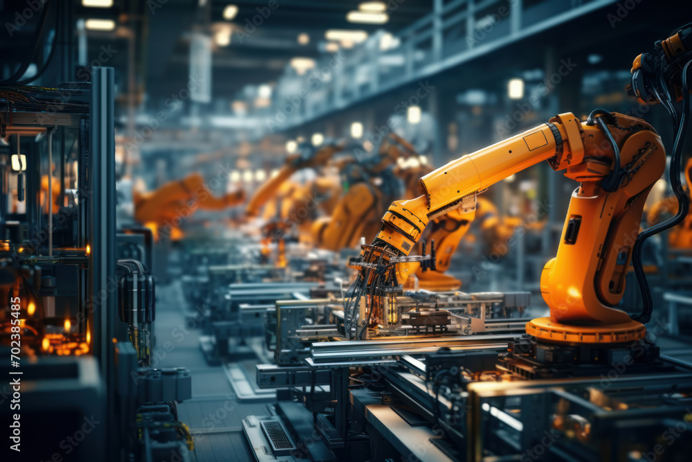 Poster a factory assembly line with machinery working at a fast pace, illustrating the efficiency of mass p