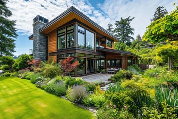 Fototapeta na wymiar Modern Luxury Village Home with Beautiful Garden and Stylish Exterior Design