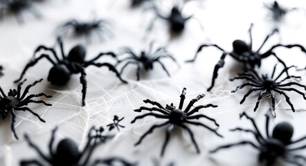 Eerie Halloween Decorations: Spiders and Bats on White Background